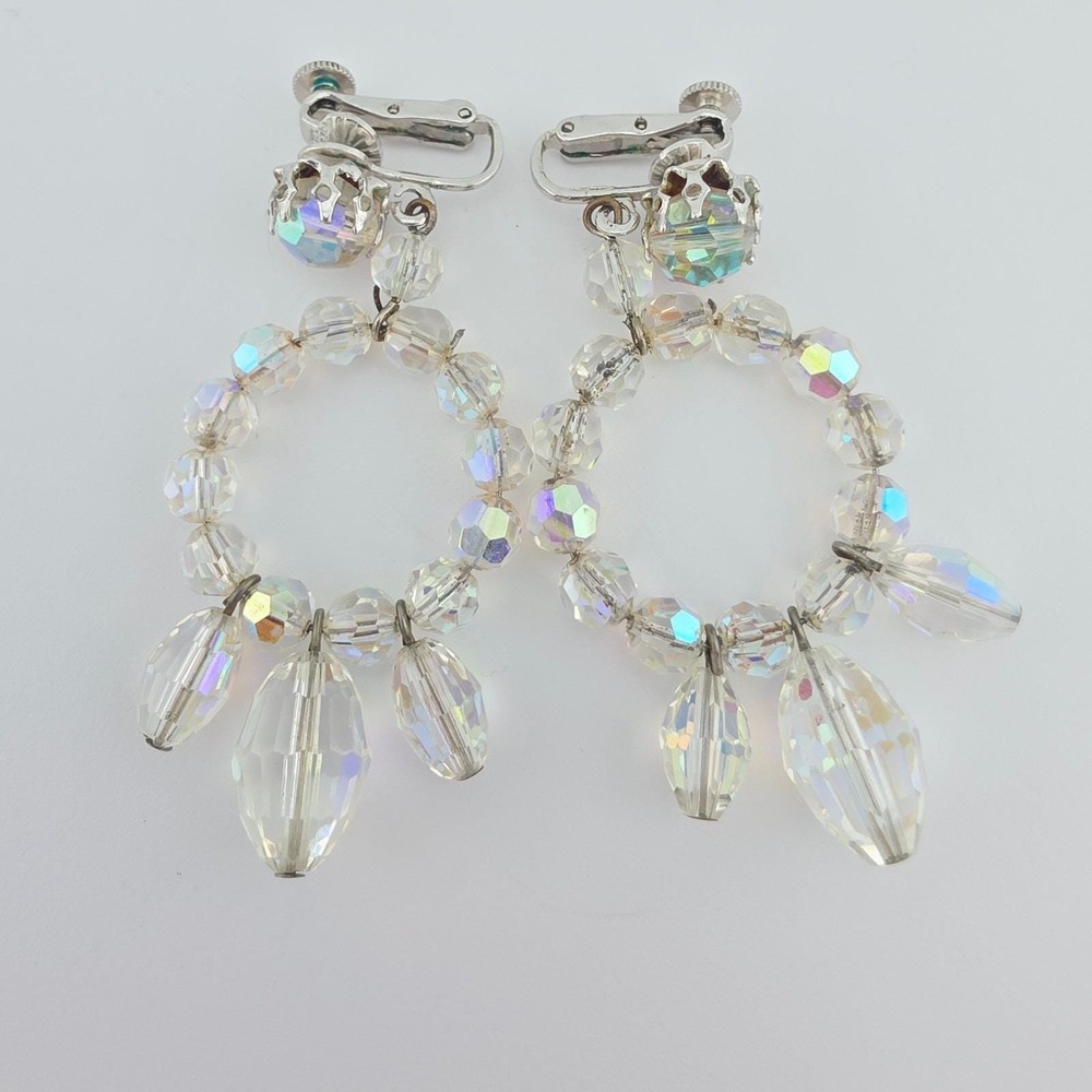 Vintage 80 Yr Old VENDÔME Crystal Earrings Aurora Borealis Clip-On Silver Tone